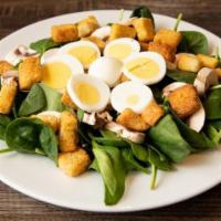 Spinach Salad · Fresh spinach leaves with slices of hard boiled egg, sliced red onion, fresh sliced mushroom...