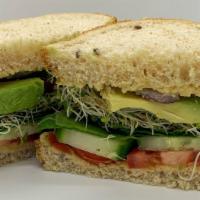 California Veggie Sandwich · Avocado, hummus, cucumber, tomato, red onion and spinach on multigrain.