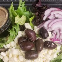 The Greek · Feta, Kalamata olives, red onion, tomato, cucumber and mixed greens with a red wine vinaigre...