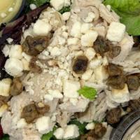 Hunters Salad · Chicken breast, dates, almonds, feta, chickpeas and kidney beans on a bed of mixed greens wi...