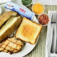 Grilled Chicken Dinner · 2 grilled chicken breasts, 2 sides and toast.
