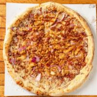 Bbq Chicken Pizza · Mozzarella cheese, grilled chicken, bacon, red onions, sweet baby ray’s BBQ sauce.