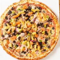 Vegetarian Pizza · Mozzarella cheese, onions, mushrooms, green peppers, black olives, tomatoes, pineapple.
