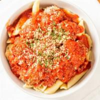 Mostaccioli With Meat Sauce Dinner · Served with garden salad, Napoli stix and parmesan cheese.