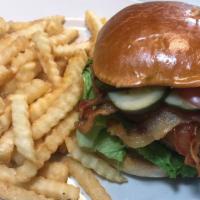 Southern Fried Chicken Sandwich · slow cooked chicken thigh (dark meat, juicy and full of flavor), bacon, lettuce, tomato, may...