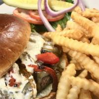 Southwest Burger · haus burger topped with pepper jack cheese, green chile mayo, sauteed peppers and onions