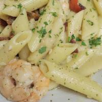 Pesto Shrimp Alfredo · sauteed shrimp, pesto alfredo sauce, cherry tomato, penne pasta