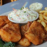 Beer Battered Cod · Beer battered cod, coleslaw, rye bread and your choice of side.