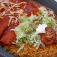 Enchilada Mexicanas · Three enchiladas one beef with green salsa, one cheese with cheese sauce, one chicken with r...