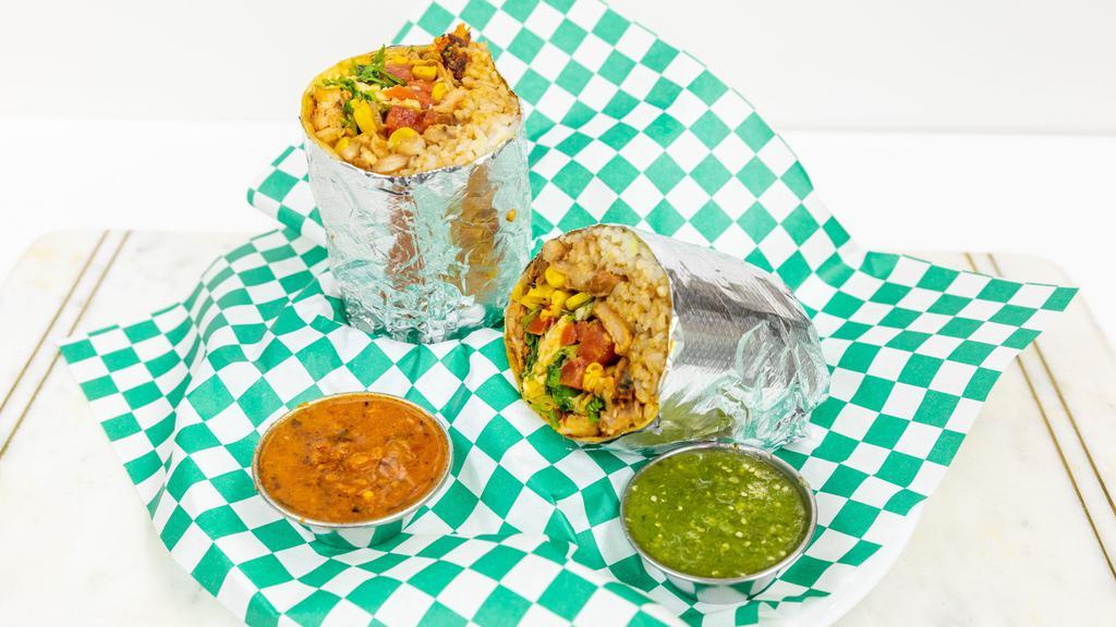 Burrito · Large flour tortilla filled with choice of rice (cilantro-lime or saffron), beans (black or pinto), filling of your choice, lettuce, corn, salsa, cheese & sour cream