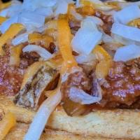 Loaded Coney Fries · hand-cut fries, house coney sauce, shredded cheese, diced onion