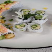 Cancun Roll · Shrimp tempura roll, topped with cooked shrimp, chopped jalapeno, mango and brown sauce and ...