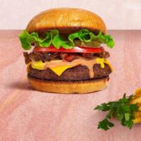 Classic Burger · American beef patty (1/3 lb.)  topped with lettuce, tomato, and pickles.