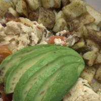 Bacon Avocado Scramble · Eggs scrambled with hardwood smoked bacon, fresh spinach, and house-roasted onions and tomat...