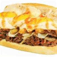 The Hangover · Cal. 630-1260
Grilled steak, onions, hot sauce, cheddar, topped with fried eggs over-easy an...