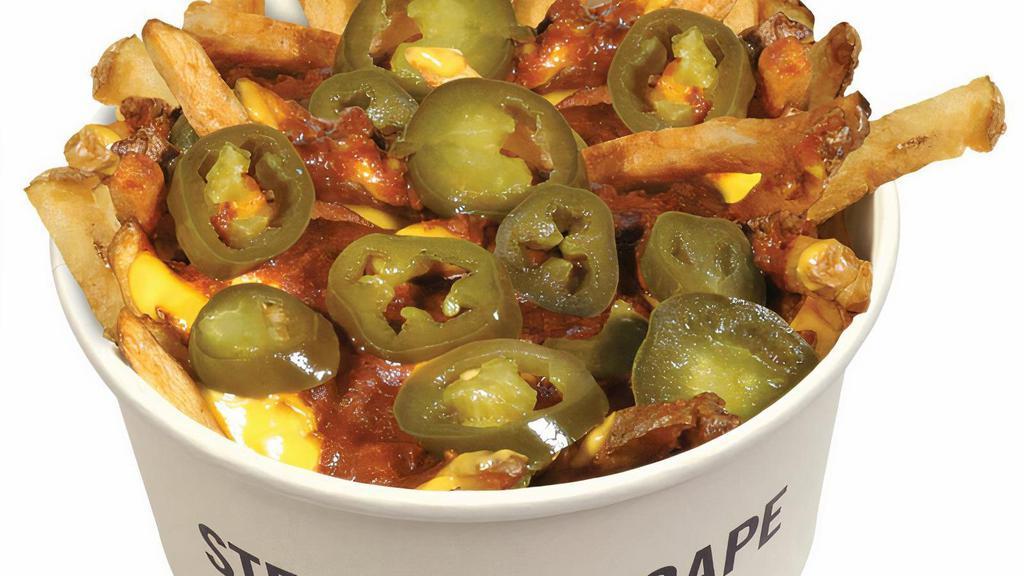 Chili Cheese Fries · Fresh-cut fries smothered in our signature chili and melted cheddar. Topped with or without jalapeños.