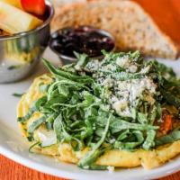 Spinach Frittata · spinach, brie, fresh herbs, roasted tomatoes, parmesan, hashbrowns, toast