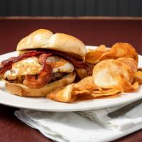 Top O’ The Morning Burger · Fresh grilled hamburger paddy, topped with Irish Cheddar cheese, a fried egg and crispy Appl...