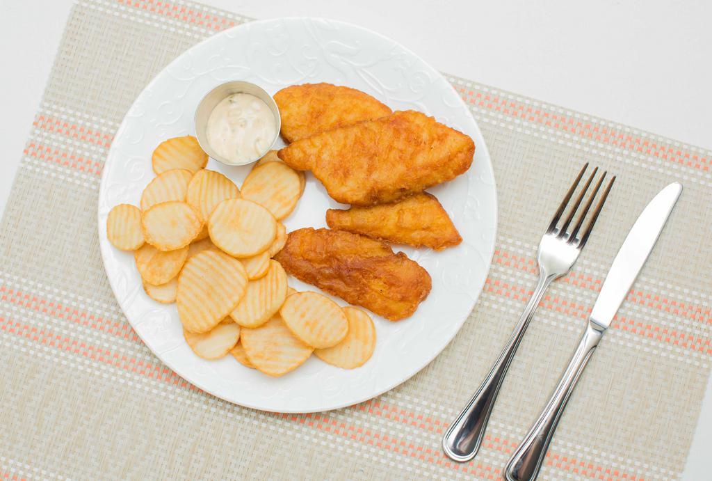 Fish & Chips · Wild-caught cod, battered in white ale and served with homemade tartar sauce and fried cottage chips.