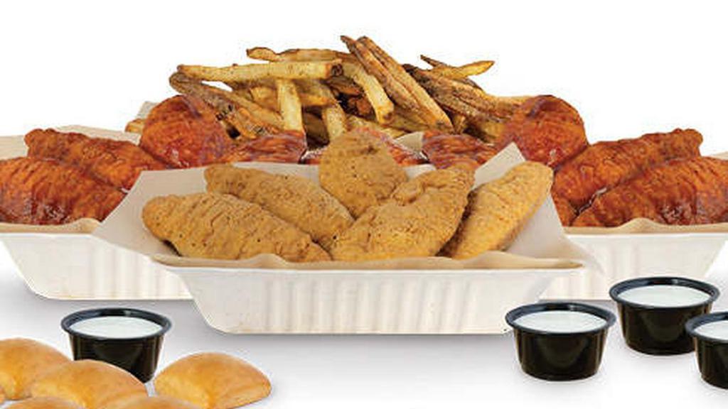 24 Pc Family Pack · Choice of 24 crisp boneless wings, classic (bone-in), or a combination of boneless and bone-in wings with up to 3 flavors, 3 dips, large hand cut fries, veggie sticks. (Feeds 3-4)