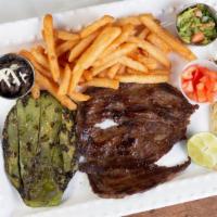 Arrachera  Cambray Dinner · Grilled Skirt Steak, cactus,  green onions, avocado,  jalapeno. Refried beans, with fries or...