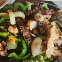 Fajitas Mix Lunch · Savory Grilled Beef, Chicken or Shrimp,  bell peppers, onions and tomatoes