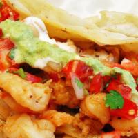 Shrimp Tempura Taco · Chipotle mayo, Jicama, Red cabbage, red onion, tomato, cilantro, avocado, lime wedge