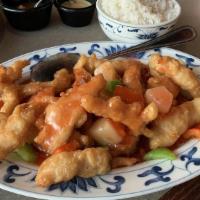 Sweet & Sour Chicken · Small strips of deep fried chicken served with bell pepper and pineapple in a sweet and sour...