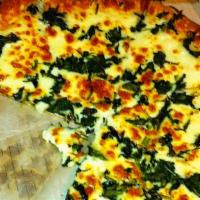 Spinach Alfredo Pizza · Blend of spinach and special creamy Alfredo sauce topped with 100% mozzarella and Parmesan c...