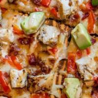 Cali Chicken · Pulled spicy chicken, mozzarella and Pepper Jack cheese, roasted red pepper, fresh avocado, ...