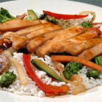 Chicken Breast Stir-Fry · Chicken breast, fresh broccoli, zucchini, onions, peppers and carrots sautéed with teriyaki ...