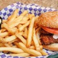 Crispy Chicken Sandwich · Breaded chicken, lettuce, tomato, onion and your choice of sauce.