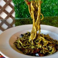 Tallarin Verde · Pan Pasta dish of Spaghetti noodles tossed in a Vegan Sauce that consists of Basil Spinach, ...