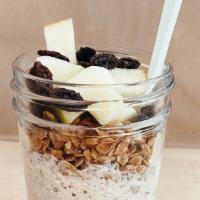 Overnight Oats (Gf) (V) · Gluten-free organic oats, oat milk, cinnamon, maple syrup. Topped with apples, raisins and g...