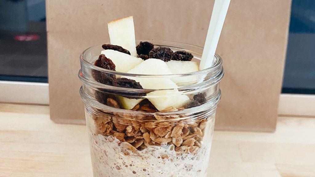 Overnight Oats (Gf) (V) · Gluten-free organic oats, oat milk, cinnamon, maple syrup. Topped with apples, raisins and gluten-free granola.