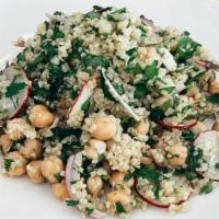 Quinoa Salad (Vegan) · Organic quinoa, chickpeas, radish, parsley,  and red onion tossed in our lemon vinaigrette.