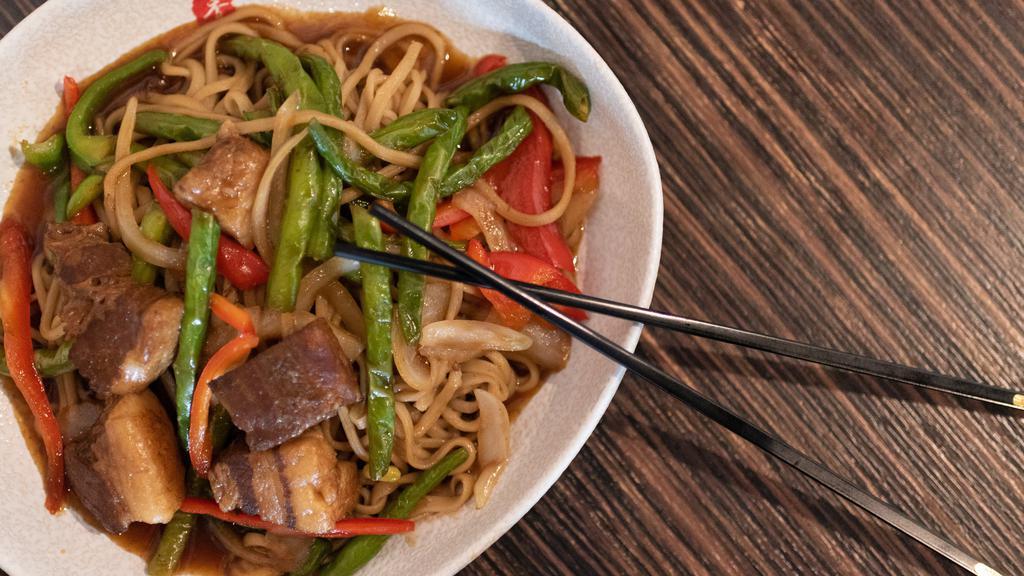 String Bean And Pork Belly Fried Noodles · Braised pork belly, string bean, onion, and bell pepper.