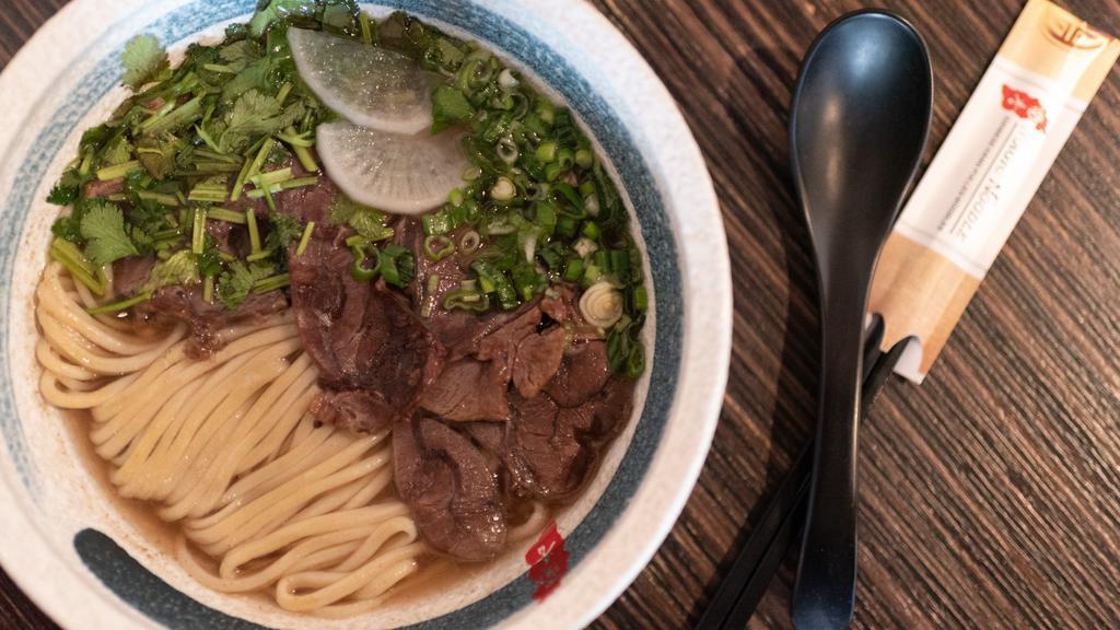 Lanzhou Noodle Soup · Beef shank, radish, scallion, and cilantro.