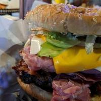 Motor City Burger · 1/2 lb. burger patty topped with 3 oz. corned beef, Swiss & American cheese