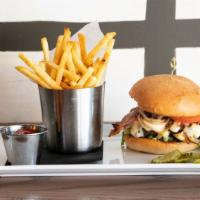 Pillbox Burger · Aged chuck, brisket, short rib, white American, burger sauce, bacon, fried onion, lettuce, t...