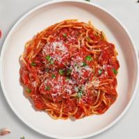 Miss Meatball Pasta (Spaghetti) · Fresh spaghetti and homemade ground beef meatballs served with rossa (red) sauce, red pepper...