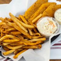 Friday Fish Fry (3) · Three pieces of beer-battered Icelandic cod. Coleslaw and homemade fries.