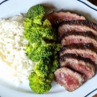 Kids Protein Plate With Steak · served with jasmine rice and broccoli