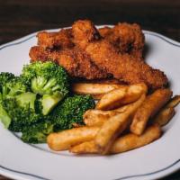 Homemade Chicken Fingers · Served with fries and broccoli