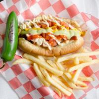 Hotdogs · Bacon wrapped sausage, grilled onions, fresh tomatoes, topped with mayonnaise, mustard, ketc...