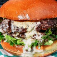 Smash Apocalypse Burger · Double smash, manchego cheese, white BBQ, lettuce, onions pickles