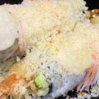 Angel Roll (8 Pieces) · Inside: shrimp tempura, cucumber & avocado. Outside: sweet scallop, crabstick, crunchy, dyna...