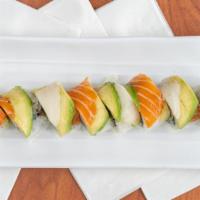 Rainbow Roll (8 Pieces) · Inside: crabmeat, avocado and cucumber. Outside: assorted raw ﬁsh and avocado.