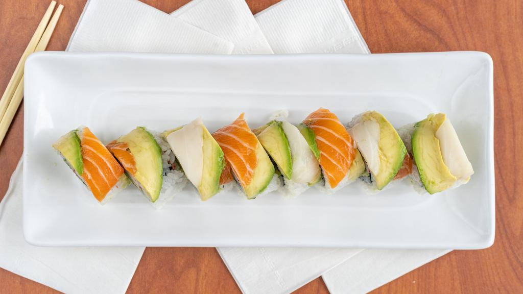 Rainbow Roll (8 Pieces) · Inside: crabmeat, avocado and cucumber. Outside: assorted raw ﬁsh and avocado.