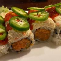 Fire Island Roll (8 Pieces) · Inside: spicy tuna, spicy salmon, crunchy. Outside: snow crab, jalapeno & chili sauce.